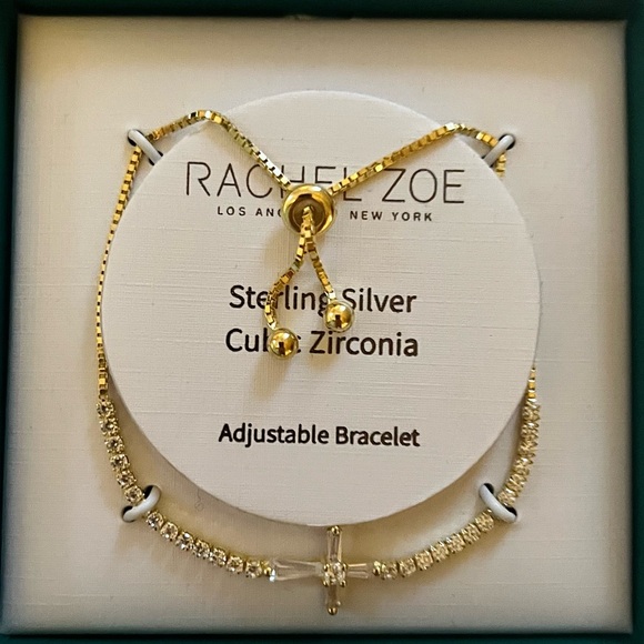 Rachel Zoe Crystal Cross Gold/Sterling Silver 925 Adjustable Slider Brac… - Picture 1 of 8